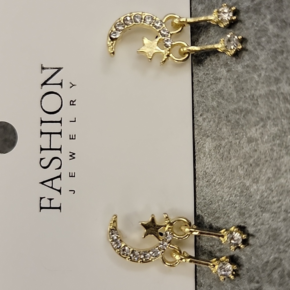 Moon and Star Rhinestone Dangle Earrings